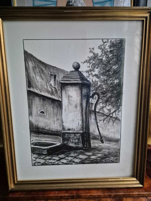 Obraz rysunek pejzaż węgiel ołówek sygnowany Francja studnia antyk