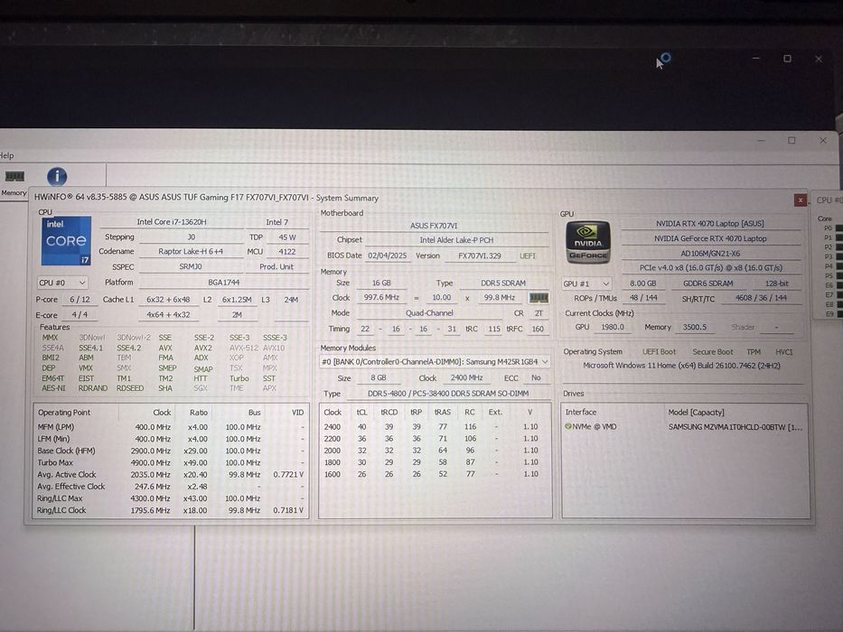 NOWY ASUS TUF F17 i7 13620H 16GB DDR5 NVIDIA GeForce RTX 4070 1TB