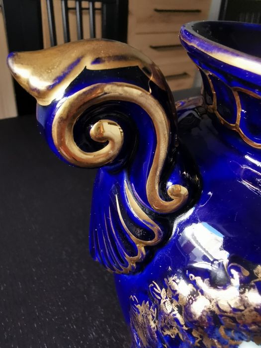 Jarra antiga cerâmica Alcobaça Raul Bernarda-RB azul cobalto e dourado 26 cm