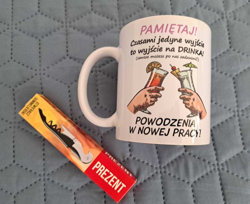 Śmieszny Kubek - Powodzenia w Nowej Pracy +GRATIS otwieracz do wina!