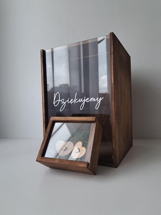 Rustykalne drewniane pudełko na koperty obrączki pleksi transparentne