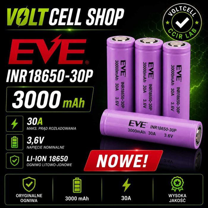 Akumulator 18650 EVE 30P 3000mAh 30A Ogniwo Li-Ion NOWE Bateria
