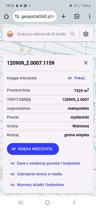 Na sprzedaż działka budowlana 73 ary – Wiśniowa (nr działki  1159.