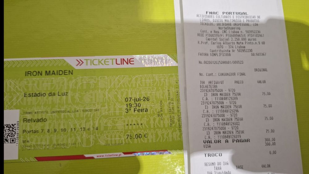 Bilhete para concerto Iron Maiden
