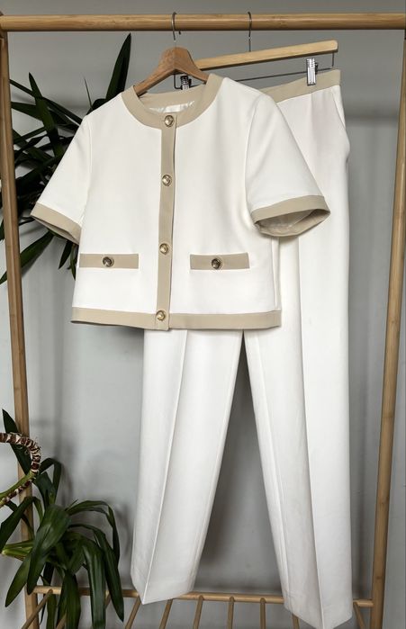 Zara M garnitur ecru krótka marynarka z krótkim rękawem spodnie kanto