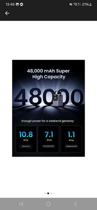 Зовнішній акумулятор (павербанк) ugreen pb770 48000mah 300w. 7700 грн