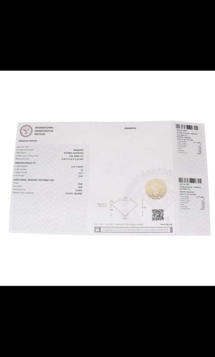 Diament naturalny 0,37 ct - G - VS2 Certyfikat IGI