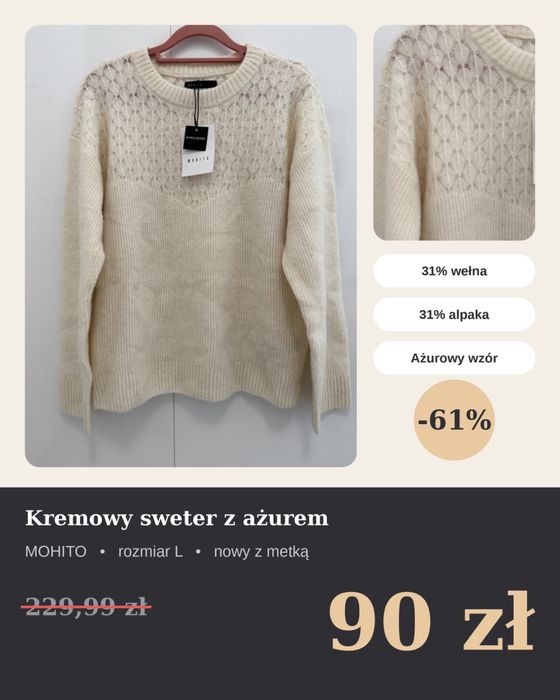 Nowy sweter Mohito roz. L wełna alpaka