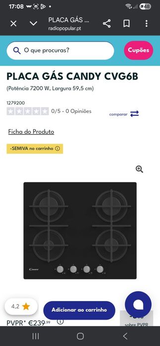 Placa a Gás Candy 4 Bicos