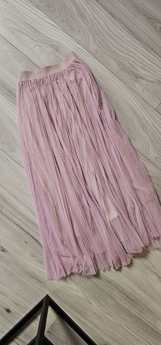 Tiulowa spódnica maxi S pudrowy róż w kropeczki