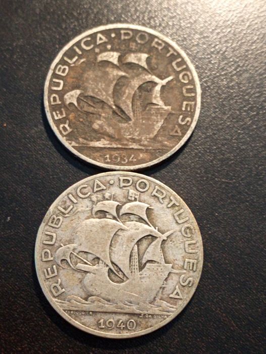 2 moedas de 5 escudos Portugal 1940 e 1934 - Bela /MBC+ Prata