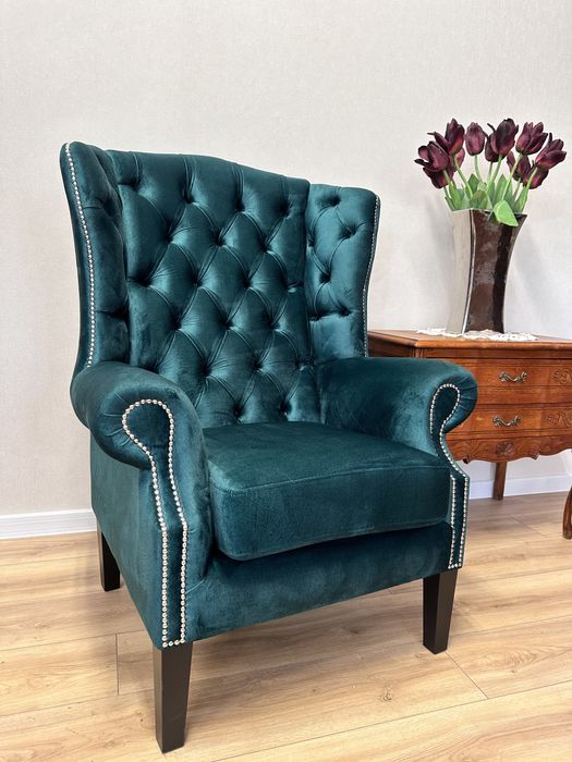 ŚLICZNY fotel uszak w stylu chesterfield w NOWEJ TKANINIE :)