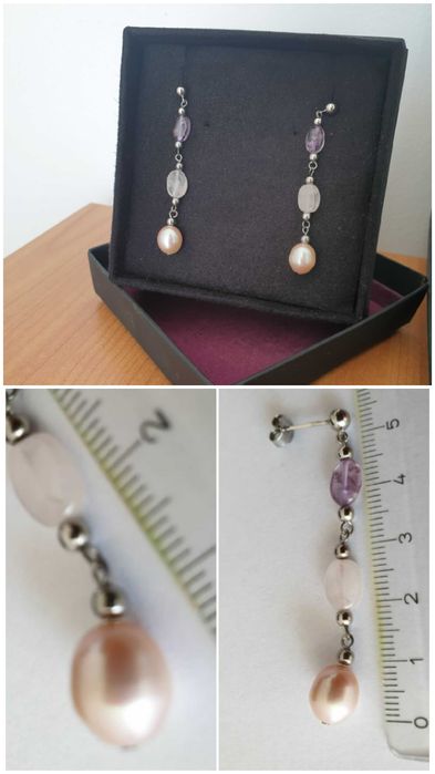 Zestaw Komplet: naszyjnik kolczyki Serbro 925 Perły Ametyst