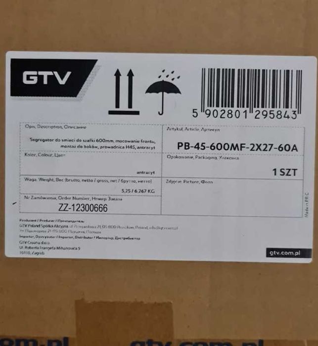 Nowy GTV kosz na śmiecie segregator 60cm 2x27l