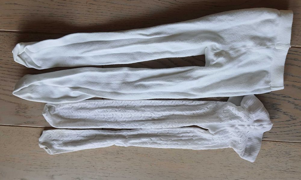 2 pary rajstopy dla dziewczynki 1 rok 80 białe grube i cienkie