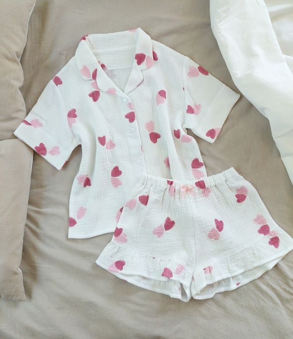 Дитяча муслінова піжама з рюшами в сердечки