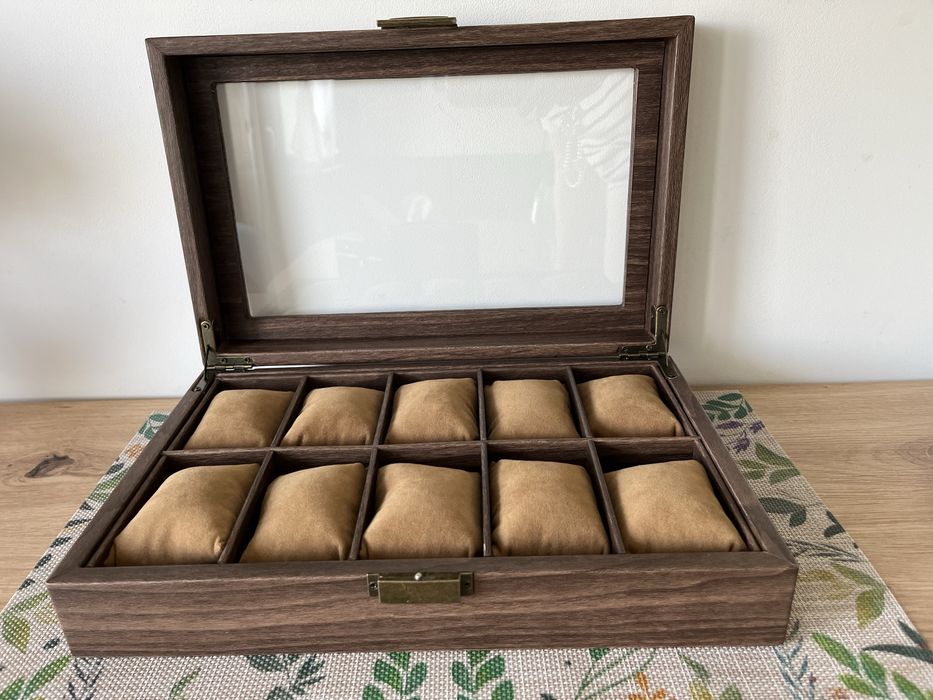 Pudełko na zegarki 10 szt | drewniane + SZKLANA pokrywa | eleganckie