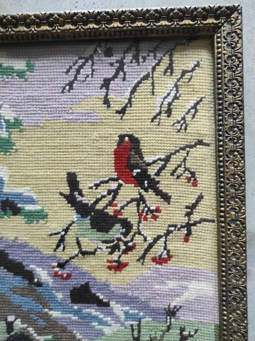 Stary obrazek Ptaszki Ptaki. Ręczny haft