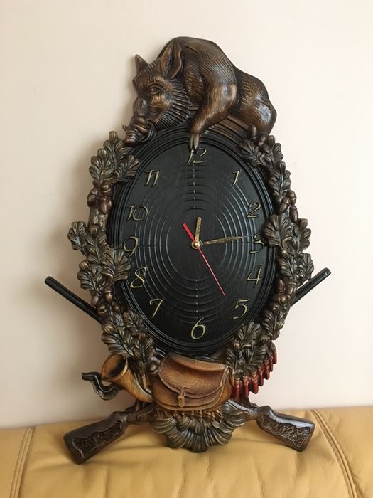 Картина з дерева + годинник Часы , охота на кабана