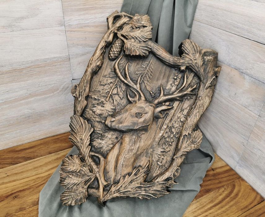 Obraz Płaskorzeźba drewniana trofeum JELEŃ prezent dla myśliwego 30cm