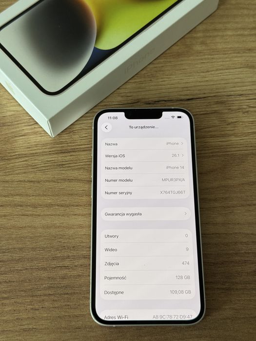 iPhone 14 128GB biały - stan idealny - bateria 84%