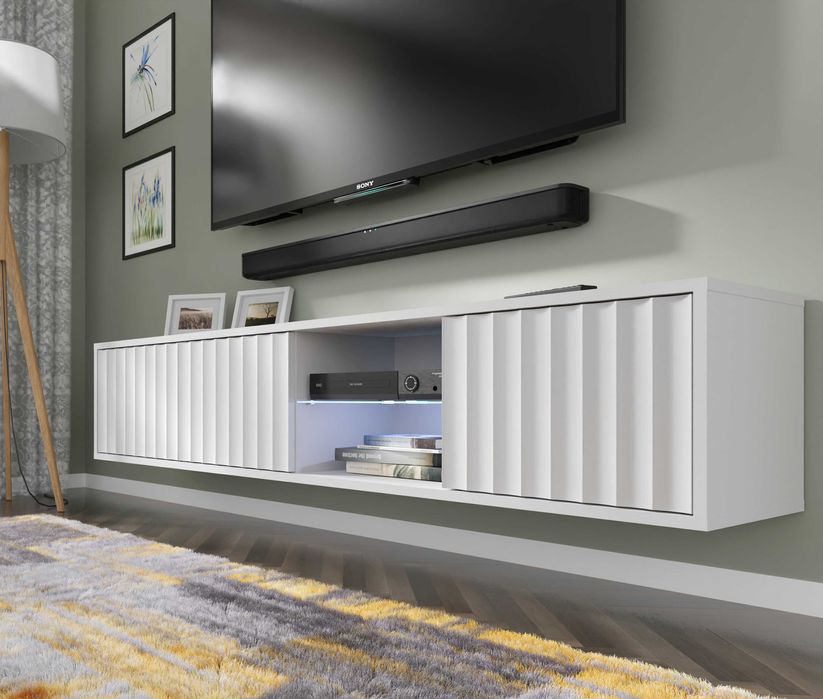 Szafka RTV VINA 156 cm wisząca frezowana biały mat