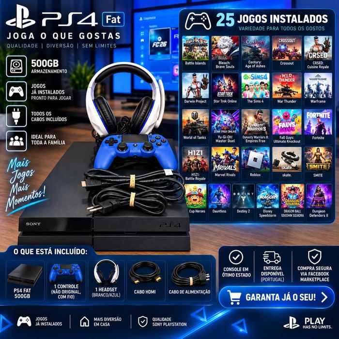 PS4 Fat 500GB + 25 Jogos Instalados + Controle + Headset
