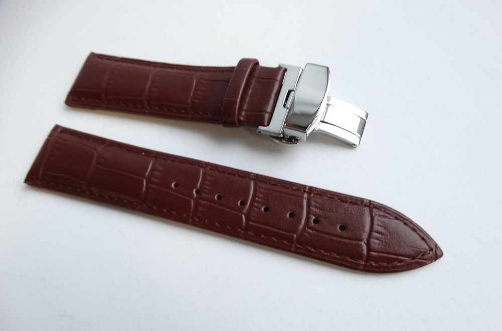 Pasek skórzany do zegarka brązowy 22mm z klamrą zapięciem motylkowym