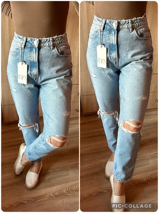 Zara jeansy Classic Mom Fit z dziurami r.40