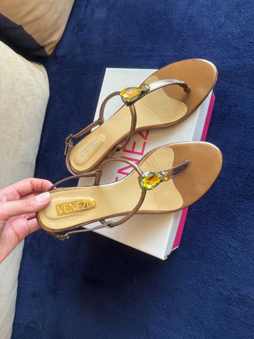 Venezia sandałki ze skóry z kryształkami złote seksowne włoskie cudo!