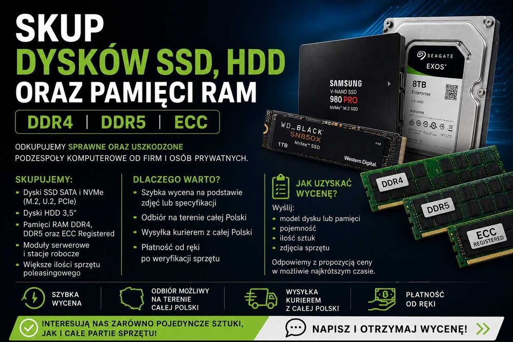 Skup dysków SSD HDD Pamięci RAM DDR4 DDR5 ECC | Wycena i Szybka Płatność