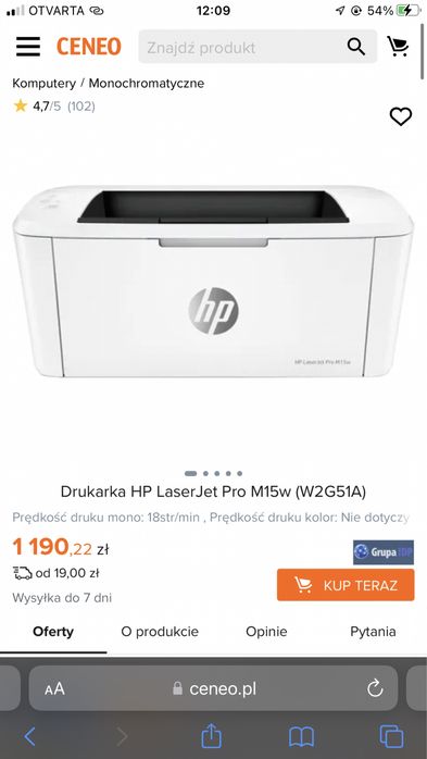 Drukarka HP Laserjet Pro M15W laserowa Wifi