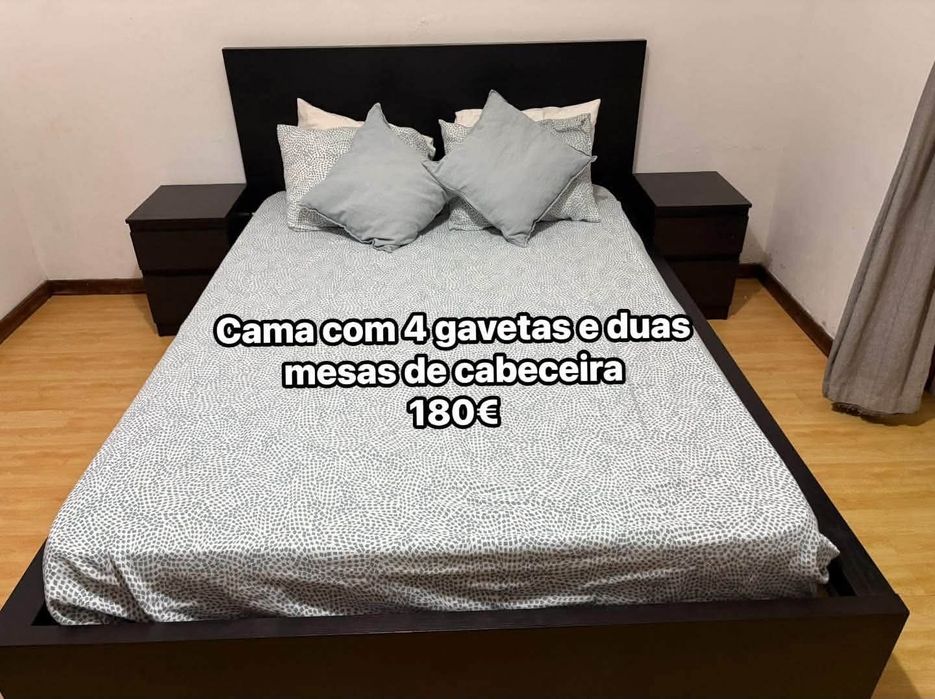 Cama com 4 gavetas amplas e 2 mesinhas de cabeceira