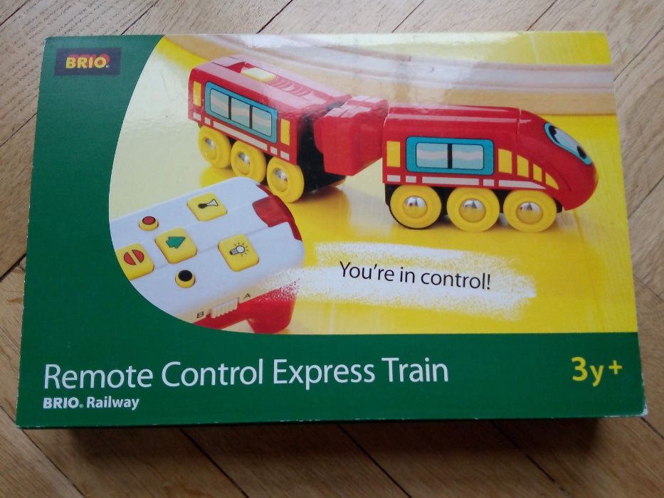 BRIO pociąg ekspres, pilot, pudełko, kolejka drewniana