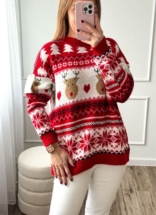 Swiateczny sweter dluzszy tunika czerwony renifer miekki s m l uni