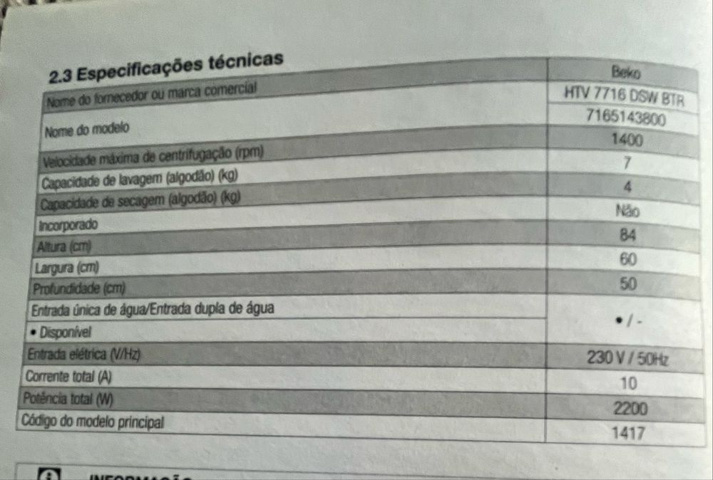 Máquina de lavar e secar Beko