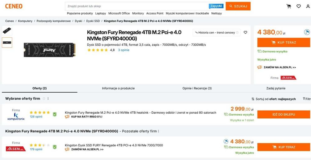 Dysk SSD Kingston Fury Renegade SFYRD/4000GB 4TB nVme DRAM Cache GW