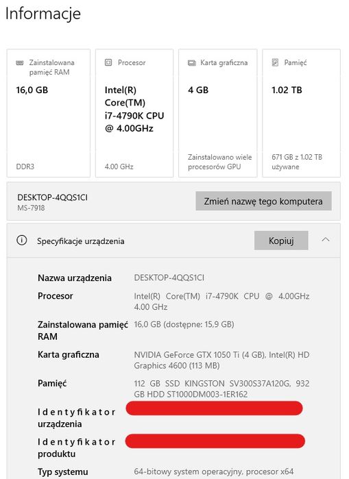 Komputer stacjonarny pc Intel I7 4790k, gtx 1050 ti, 16 gb ddr3, ssd,