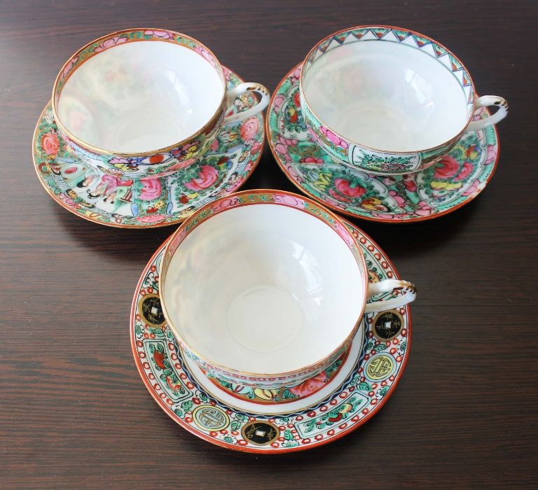 Antigos pratos e chávenas em porcelana casca de ovo fabricado em Macau