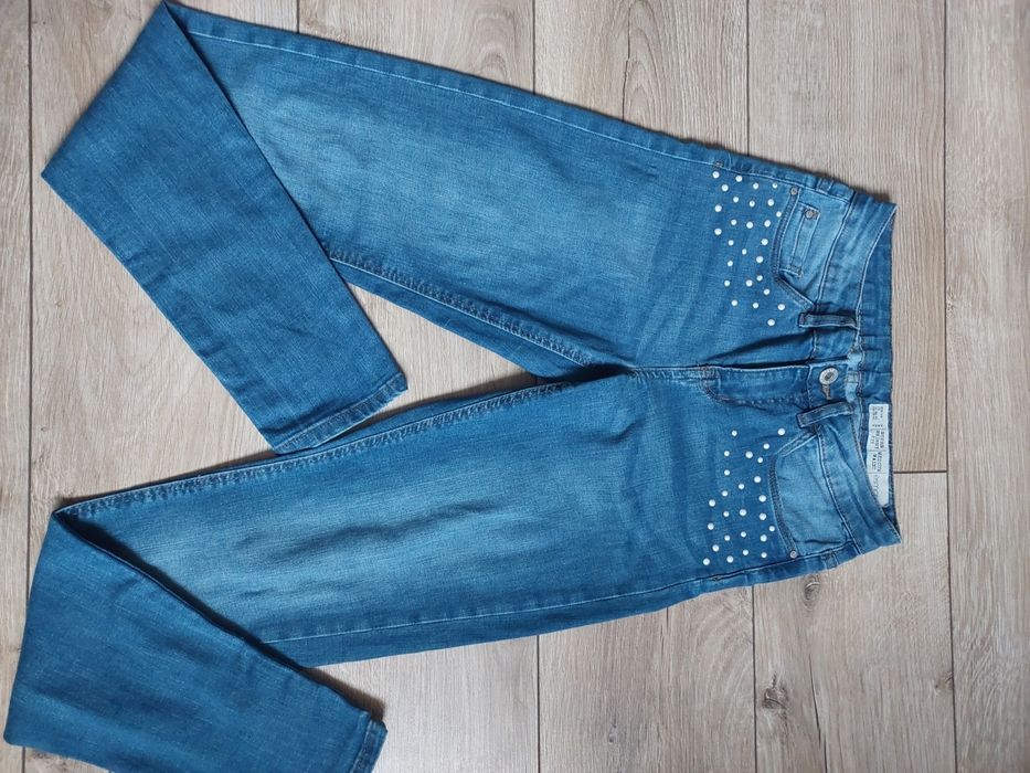 Пакунок джинсів з камінцями та перлинами xs, штани скінні коралові