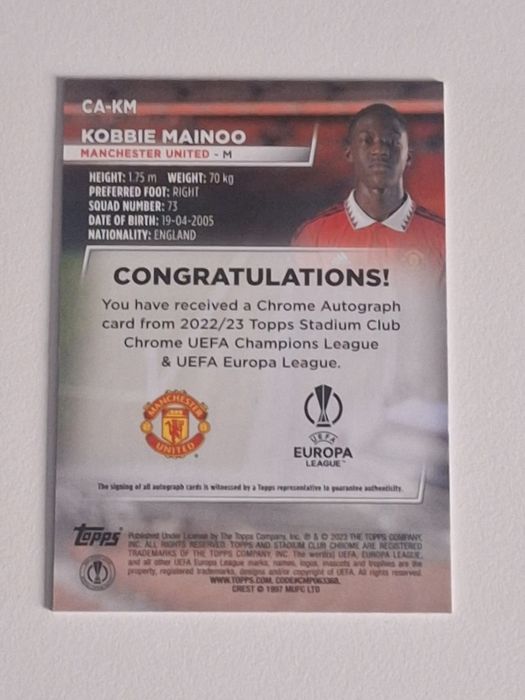 Karty piłkarskie Topps 2022/23 Kobbie Mainoo Autograf Manchester RARE