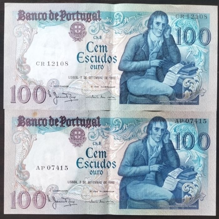 Lote 2 Notas 100$ 1980 Bocage Estado Belas