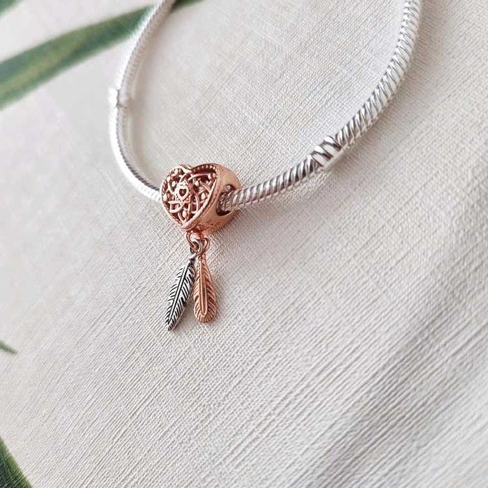 Charms Zawieszka Serce • Ażurowy Łapacz Snów • Piórko • Srebro S925