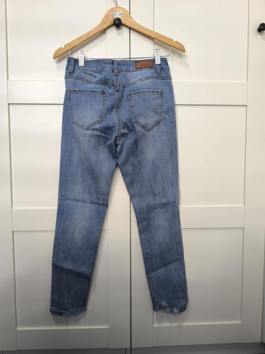 Spodnie jeansy wysoki stan skinny rurki dżinsy 10 M 38 szarpane nogawk