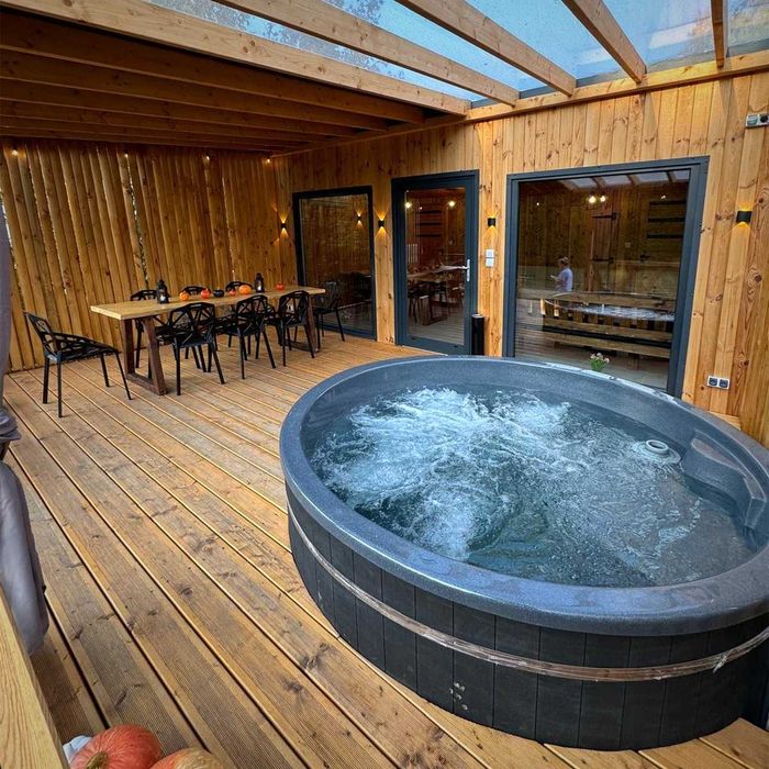 Balia ogrodowa 200x105 hydromasaż aeromasaż lampa LED piec zew