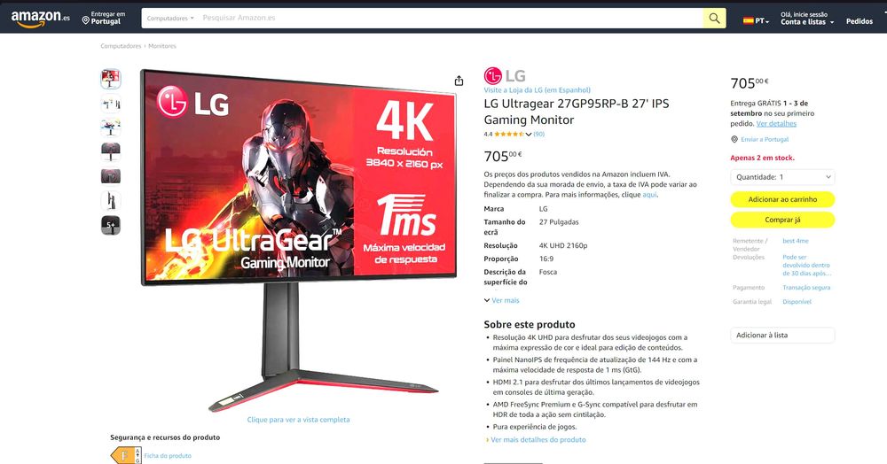 Monitor LG UltraGear 27GP950-B 27" 4K 144Hz Nano IPS (HDMI 2.1 – Ideal PS5 / PC)