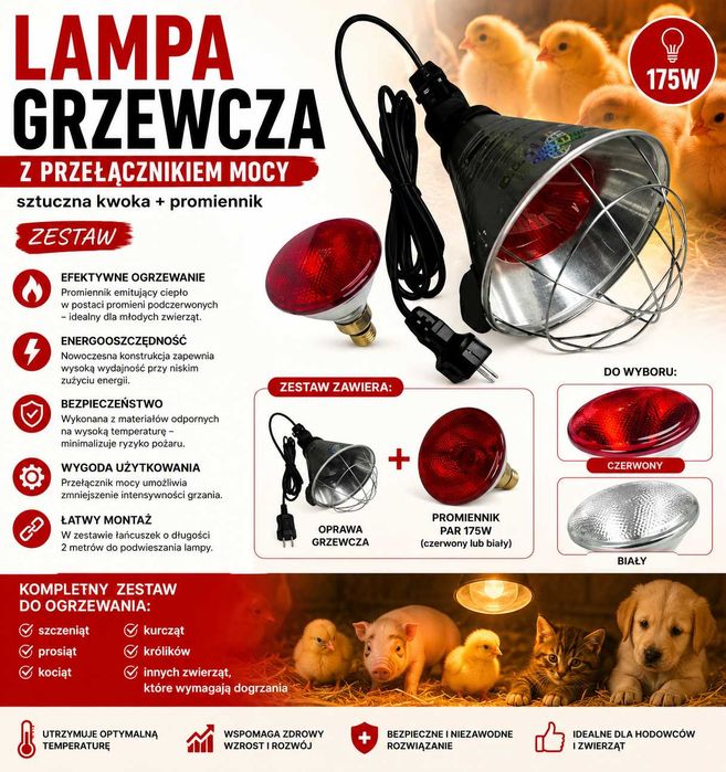 Lampa grzewcza sztuczna kwoka + promiennik CZERWONY 175 W ZESTAW
