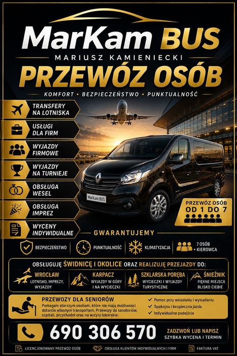 Transport / Przewóz osób-- Bus z kierowcą /8-osobowy/ Świdnica - okolice/ MarKam BUS