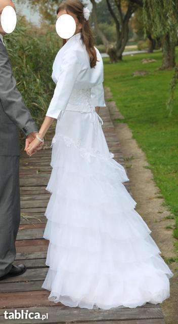 Biała UNIKATowa z trenem gorset falbany suknia ślubna r. 34/36