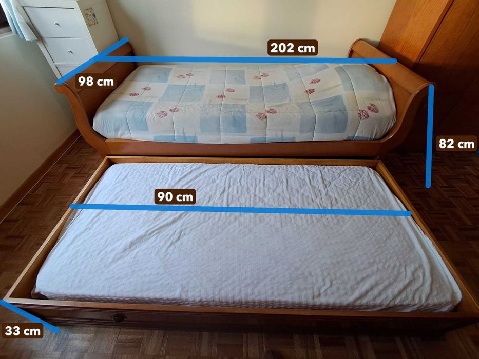 Cama dupla de solteiro "Lit Bateau" em madeira maciça cerejeira